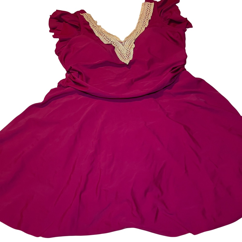 Women's XL Burgundy Ruffle Sleeve Swim Dress with Crochet Lace Trim V-Neck - Picture 3 of 9